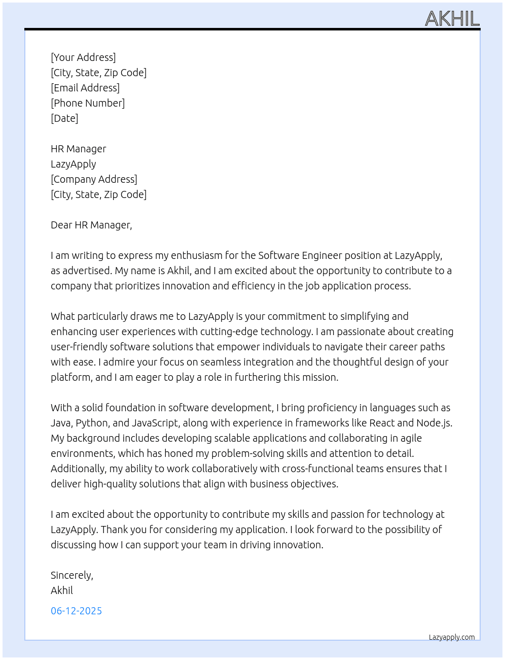 Software Engineer At LazyApply Cover Letter