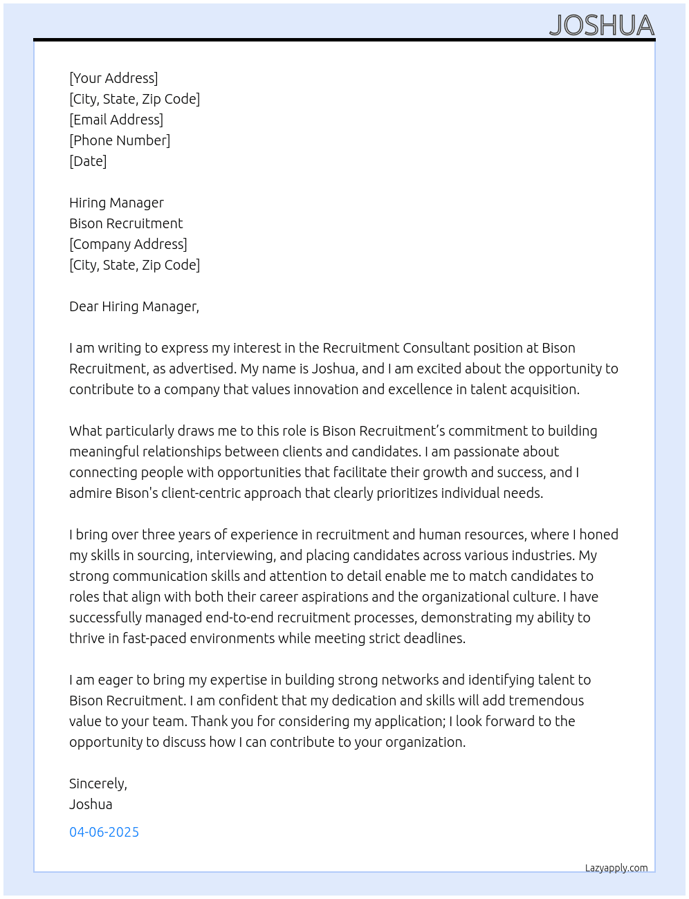 Recruitment Consultant At Bison Recruitment  Cover Letter