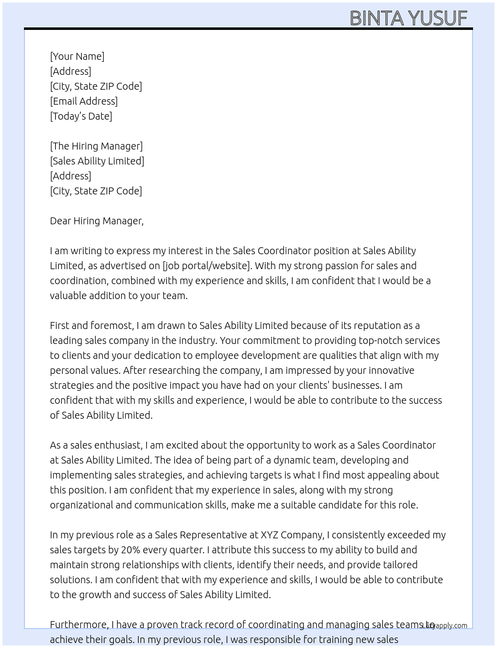 Sales Cordinator At Sales Ability Limited  Cover Letter