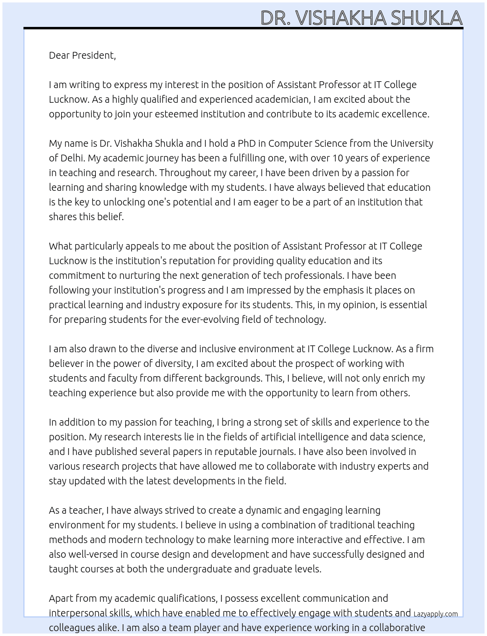 assistant profesor At IT COLLEGE LUCKNOW Cover Letter