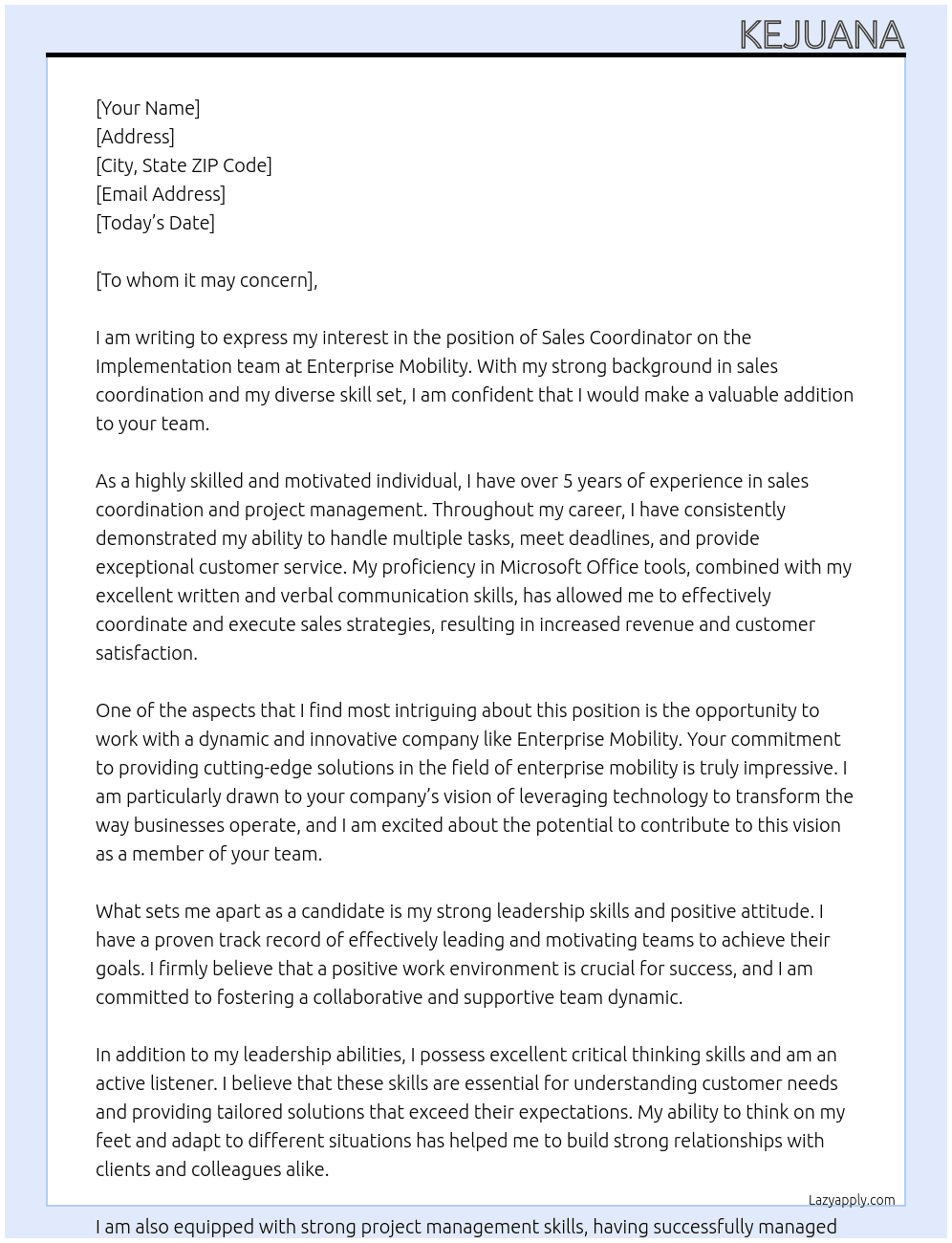 sales coordinator on the Implementation team At Enterprise Moblity Cover Letter