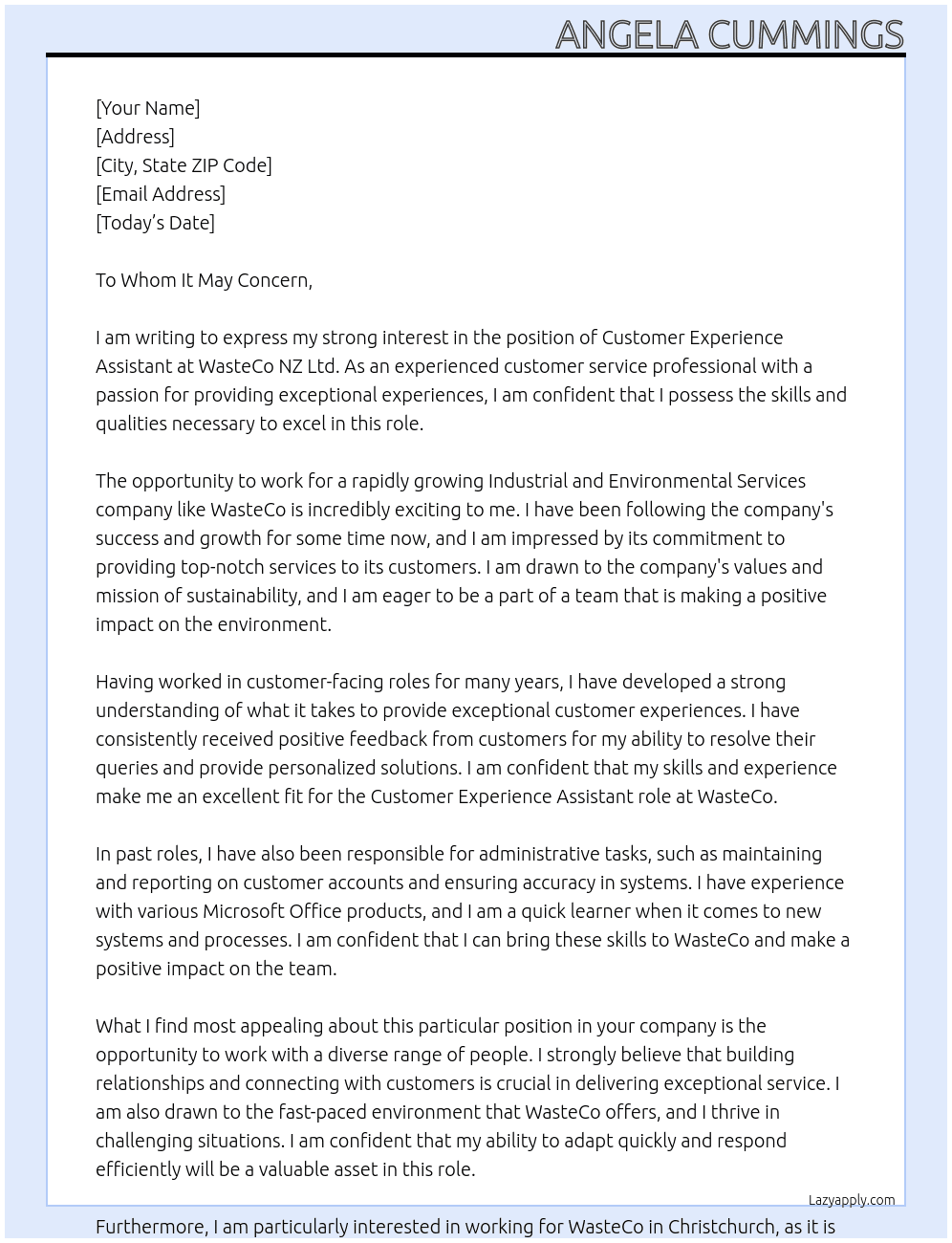 Customer Experiance Assistant At WasteCo NZ Ltd Cover Letter