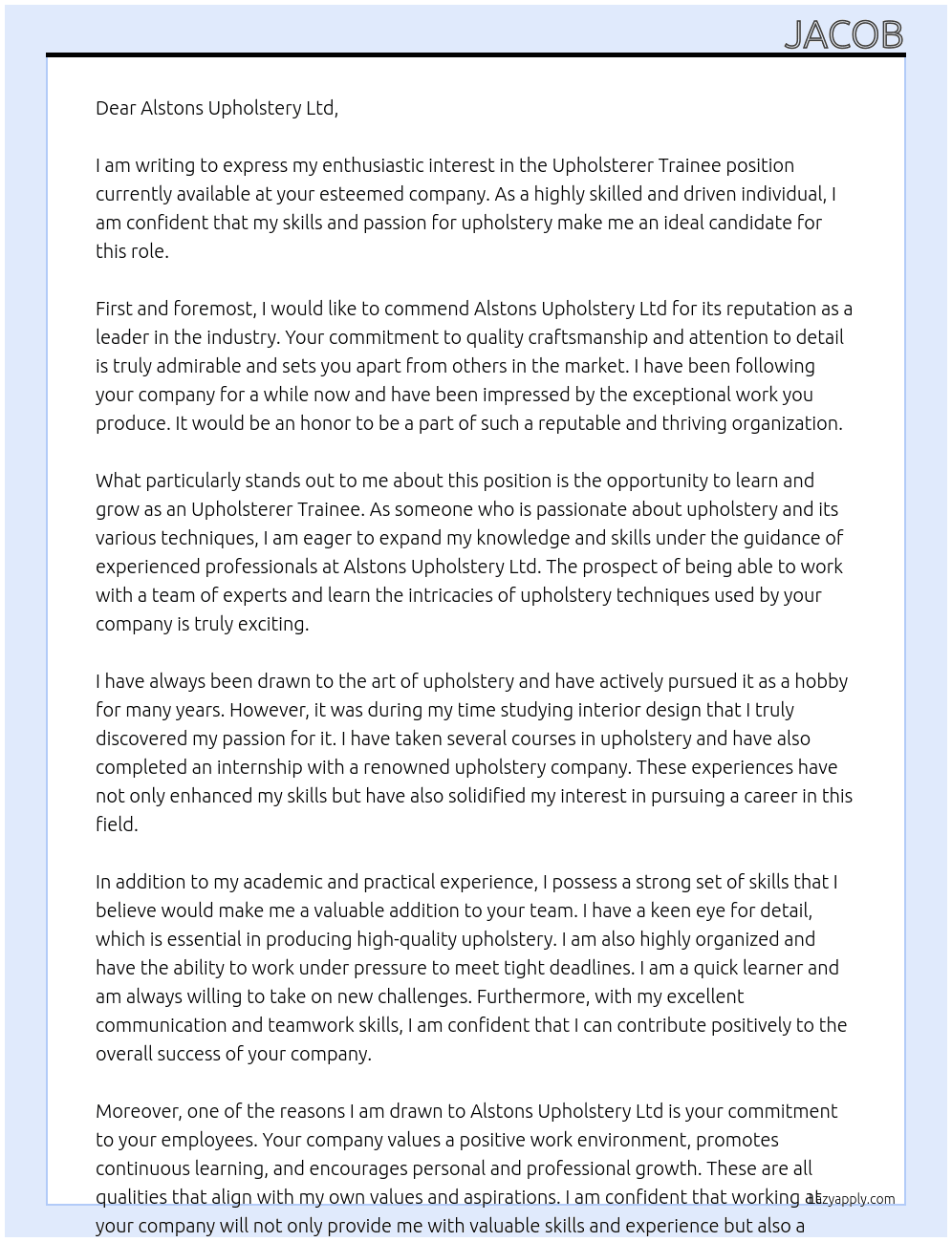 Upholsterer Trainee At Alstons Upholstery Ltd Cover Letter