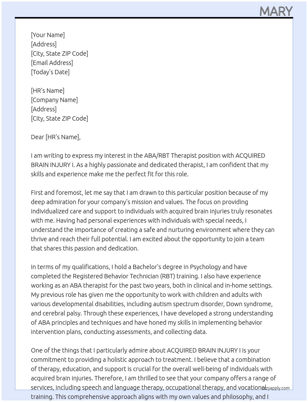 ABA/RBT Therapist At ACQUIRED BRAIN INJURY I Cover Letter