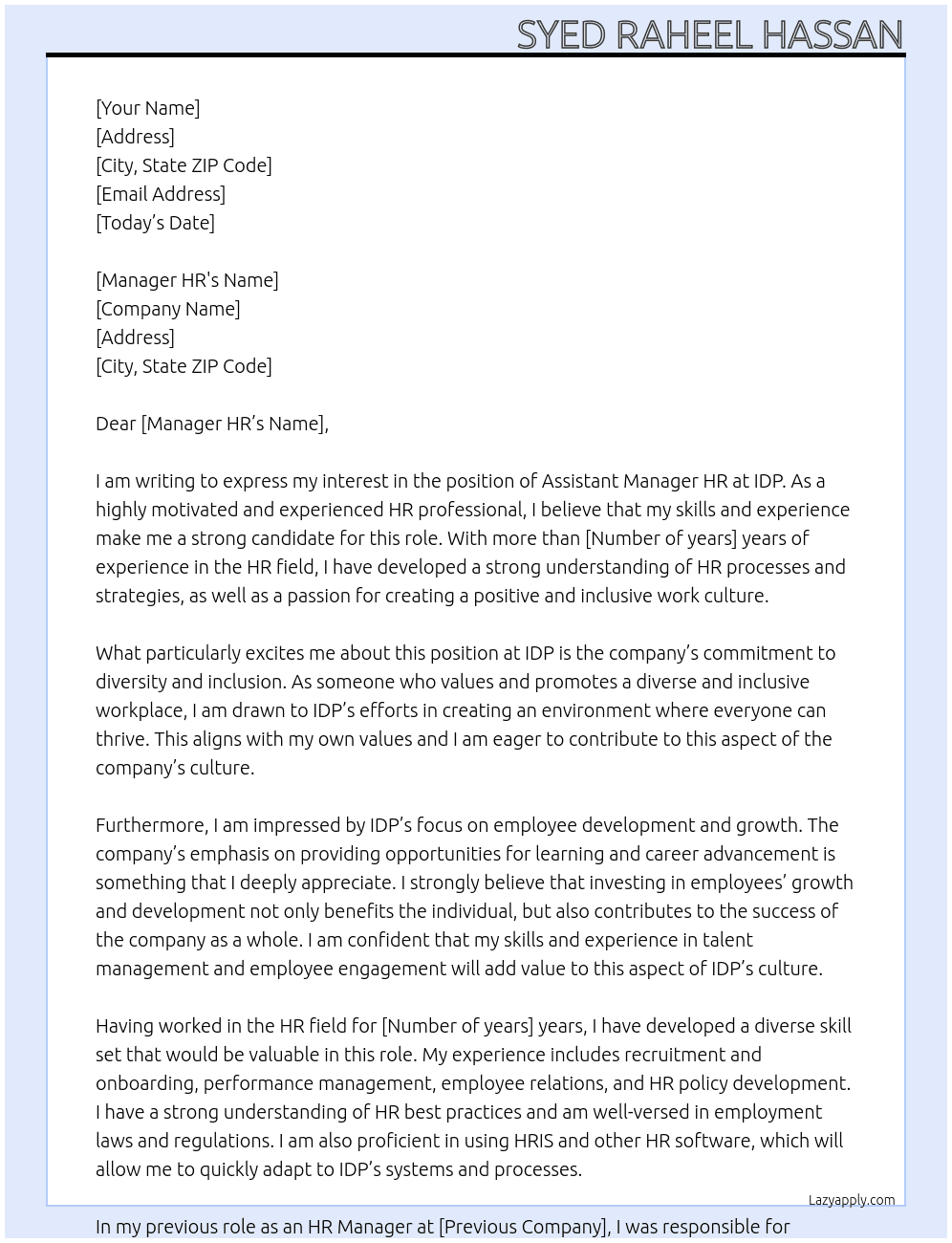 Assistant Manager HR At IDP Cover Letter