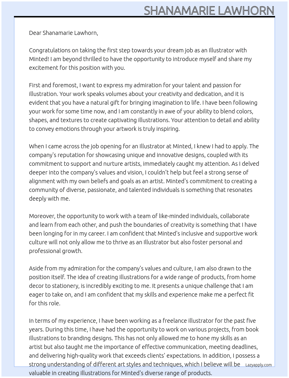 Illustrator  At Minted Cover Letter