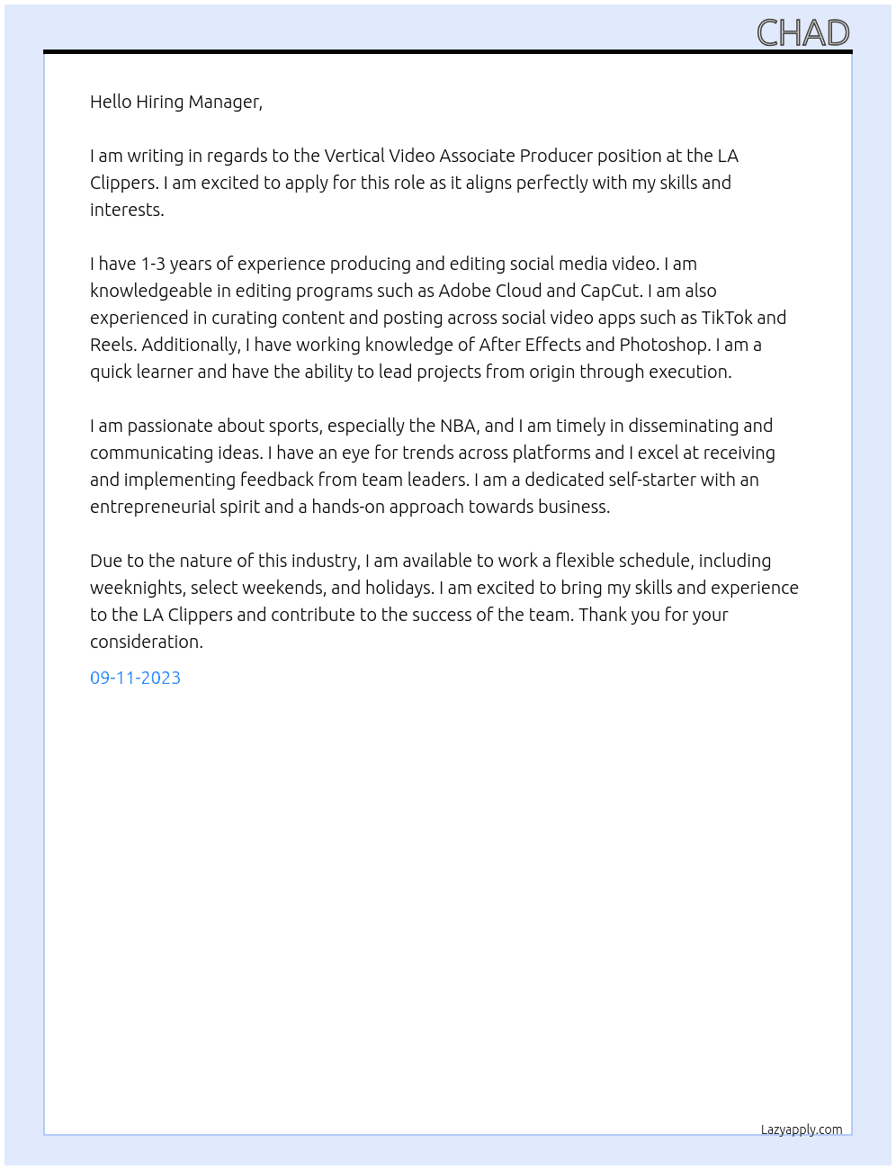 Vertical Video Associate Producer At LA Clippers Cover Letter