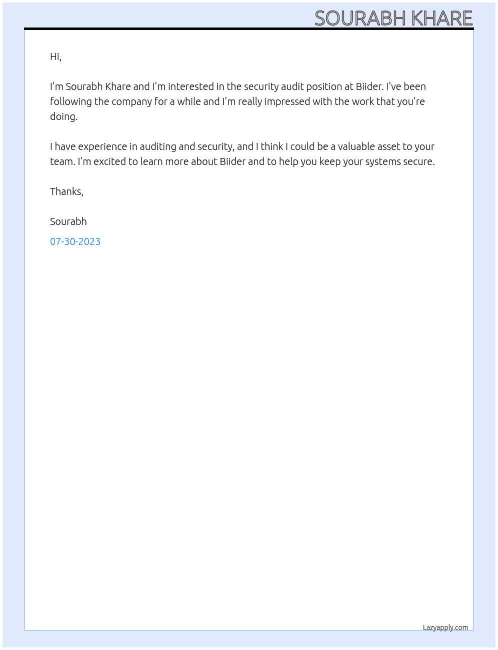 Security Aduit At Biider Cover Letter