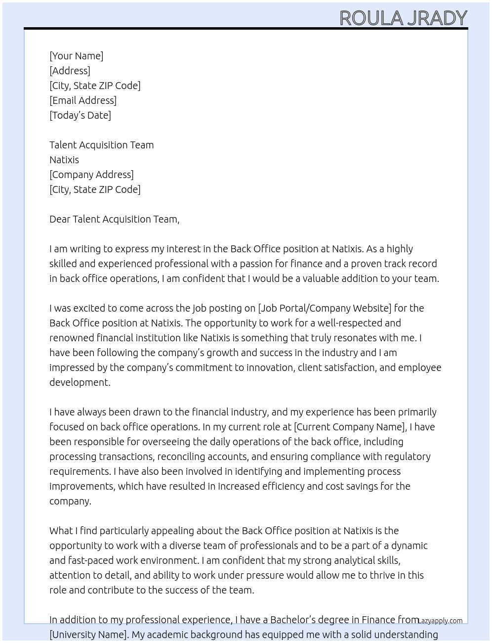 BACK OFFICE At natixis Cover Letter