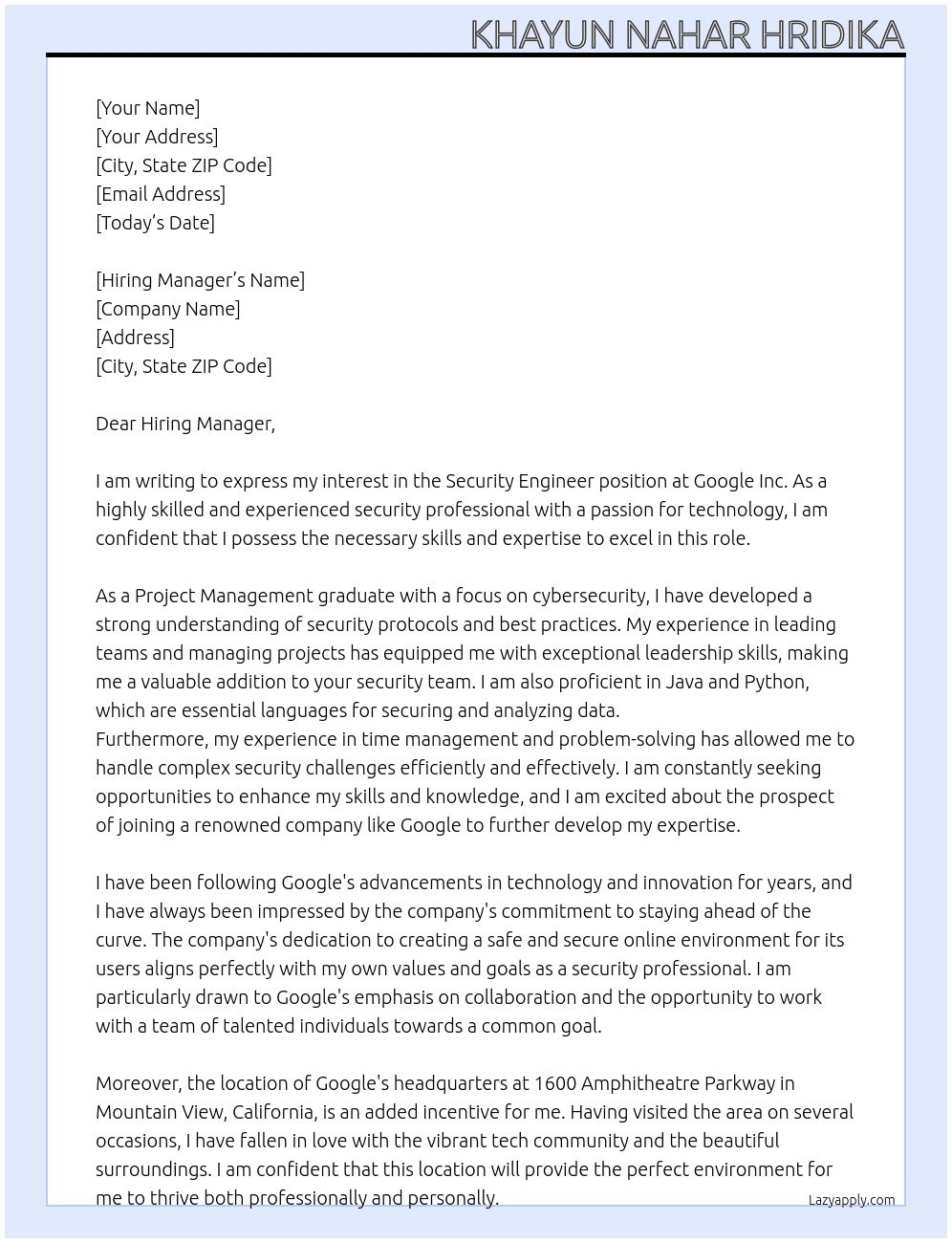 Security Engineer At Google lnc Cover Letter