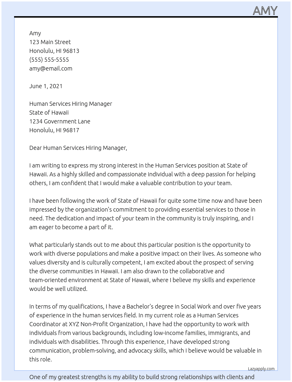 Human Services At State of Hawaii Cover Letter