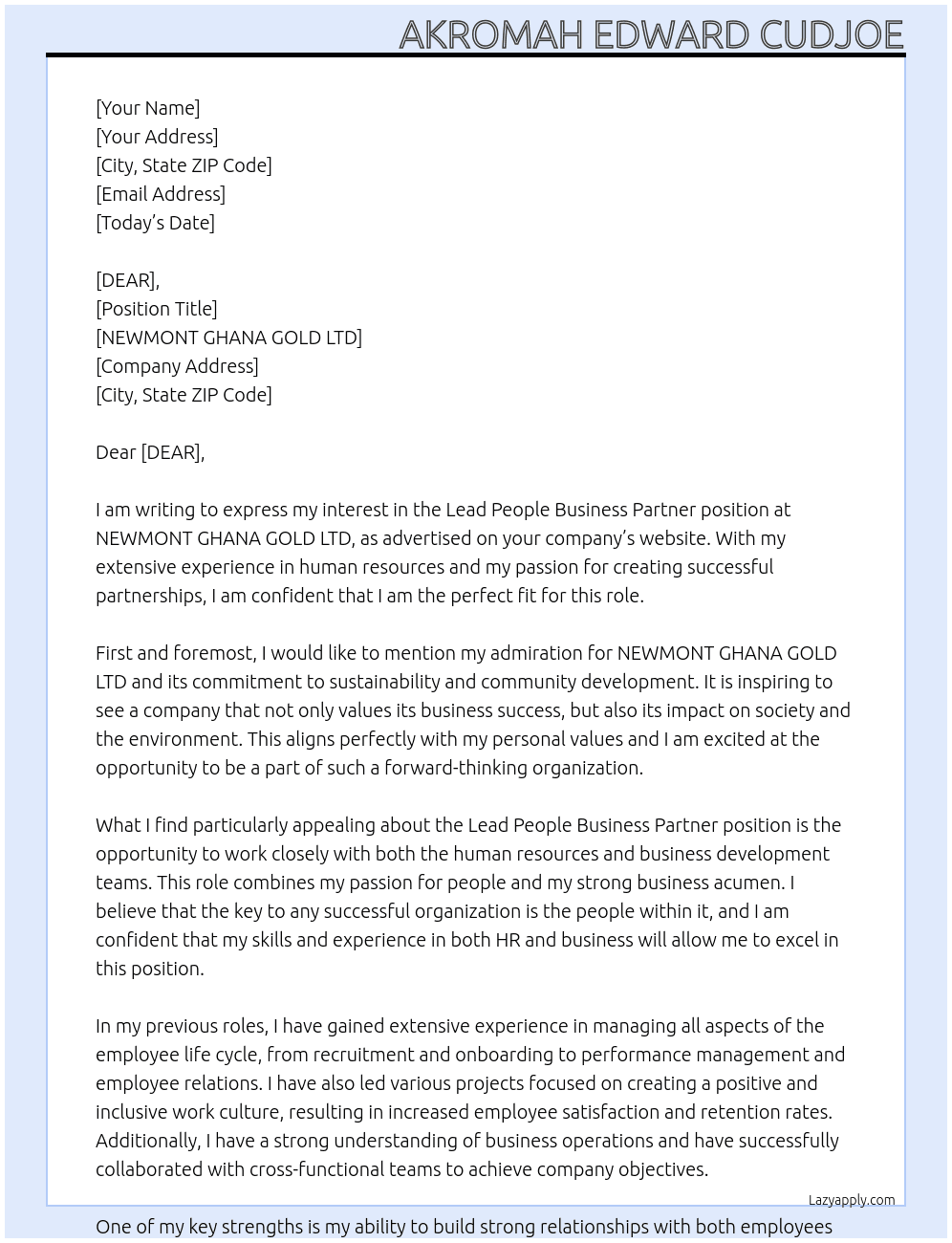 LEAD PEOPLE BUSIENE PARTERNS At NEWMONT GHANA GOLD LTD Cover Letter