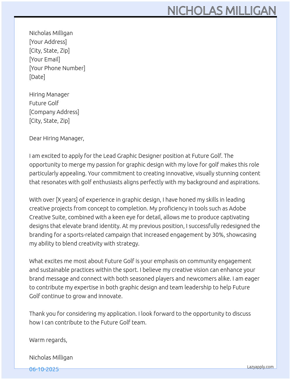 Cover letter for lead graphic designer - LazyApply