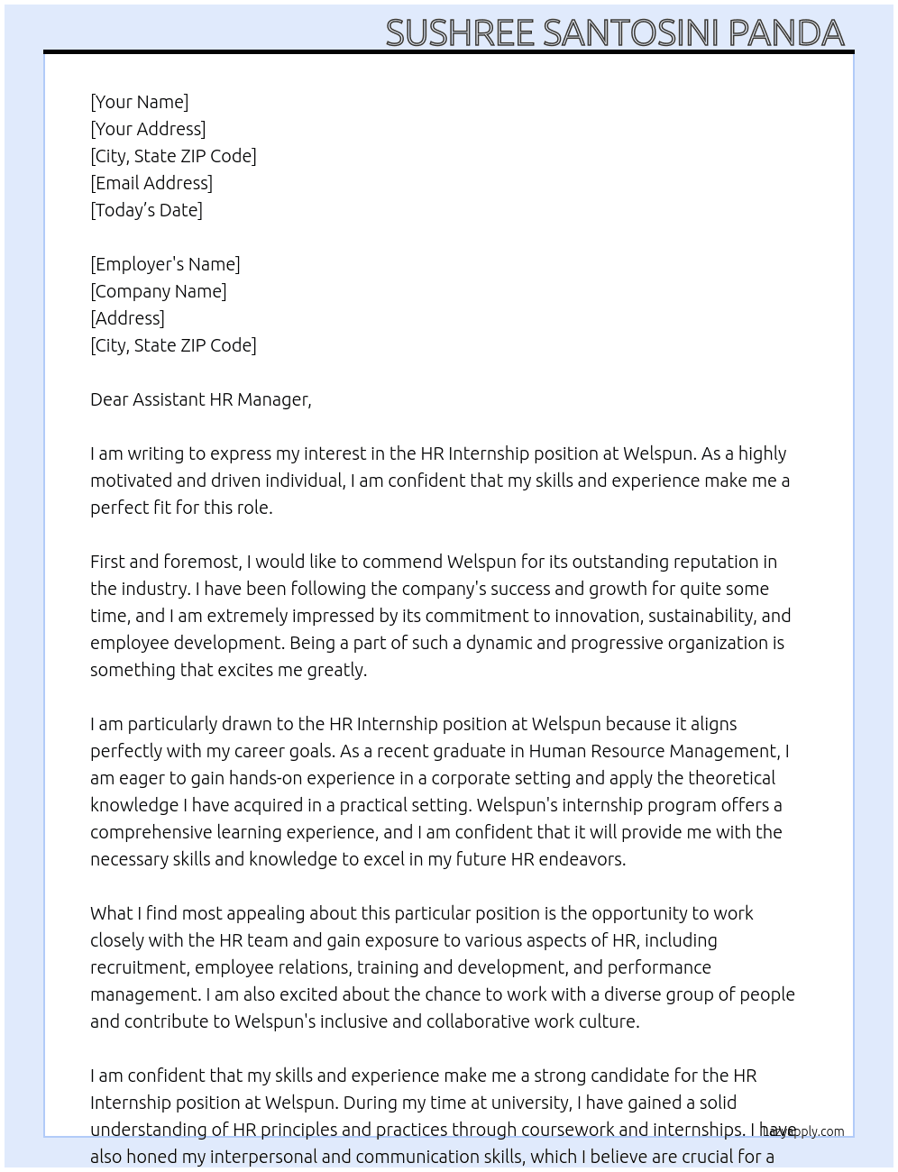 HR Internship  At Welspun  Cover Letter
