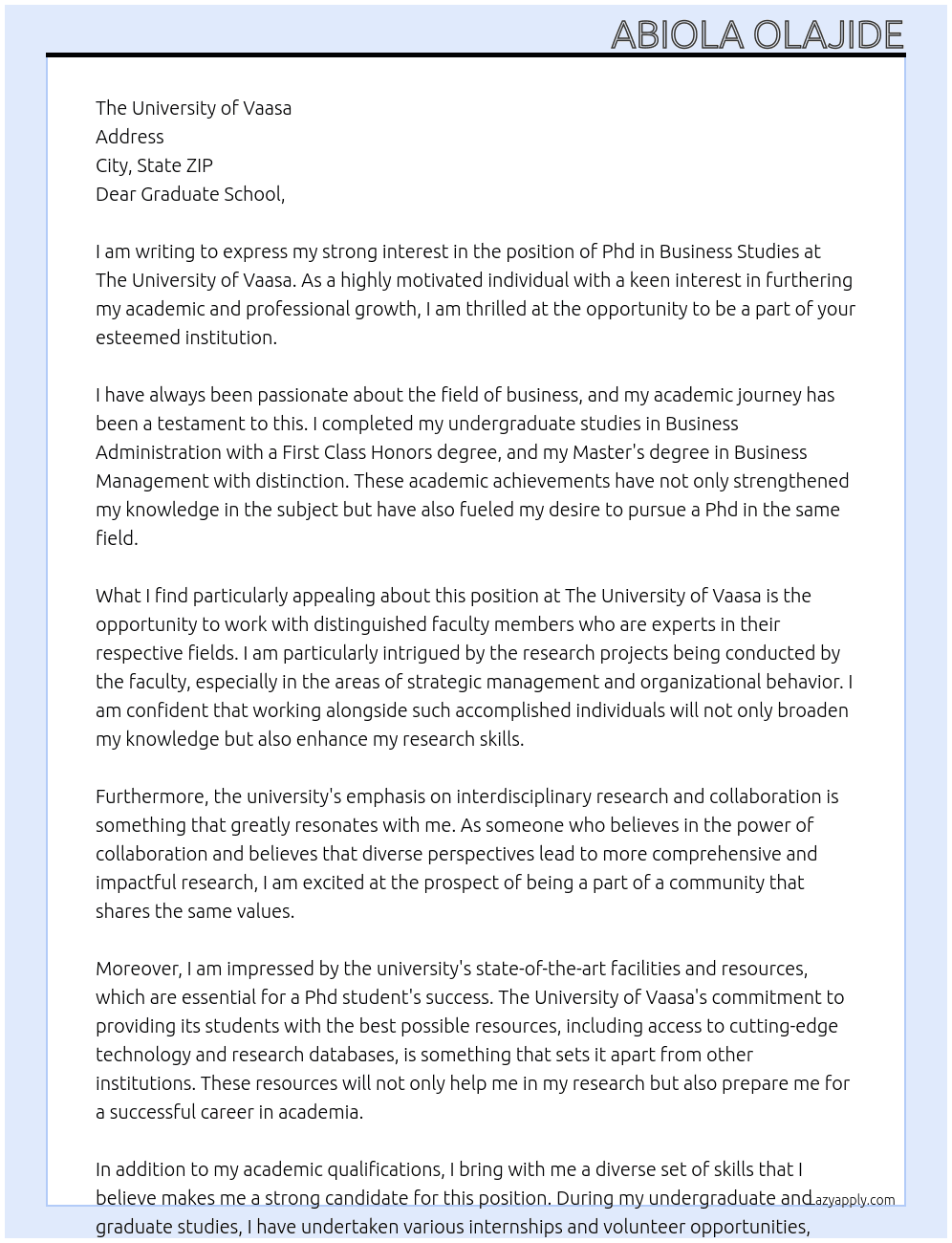 Cover letter for phd in business studies - LazyApply