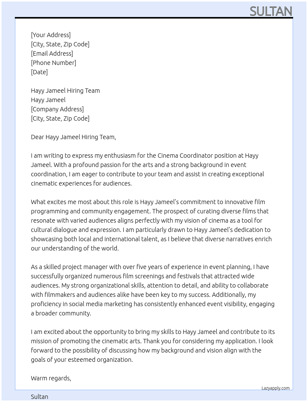 Cinema Coordinator At Hayy Jameel Cover Letter