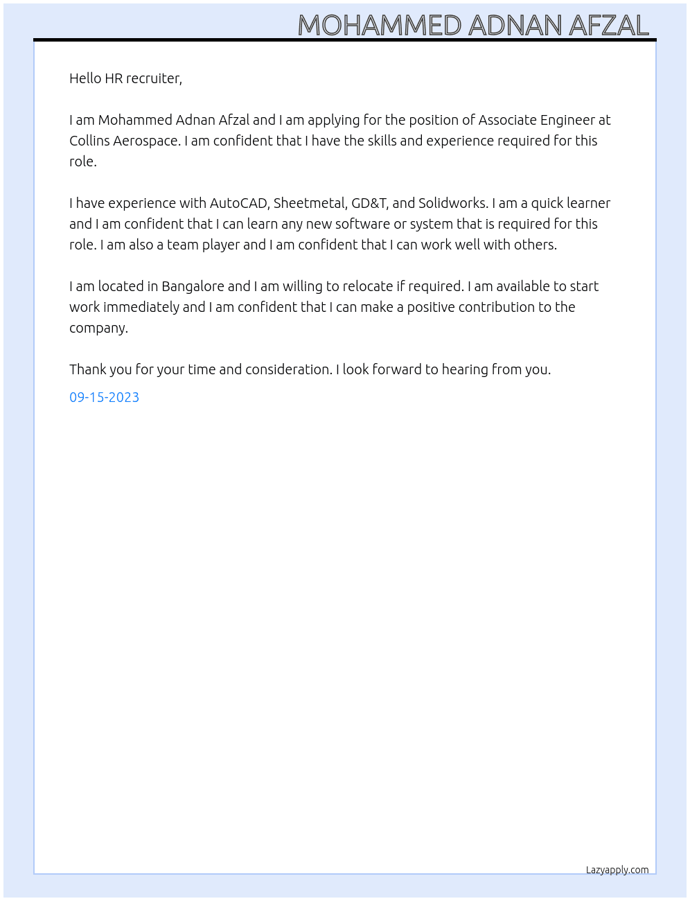 Associate Engineer  At Collins Aerospace  Cover Letter