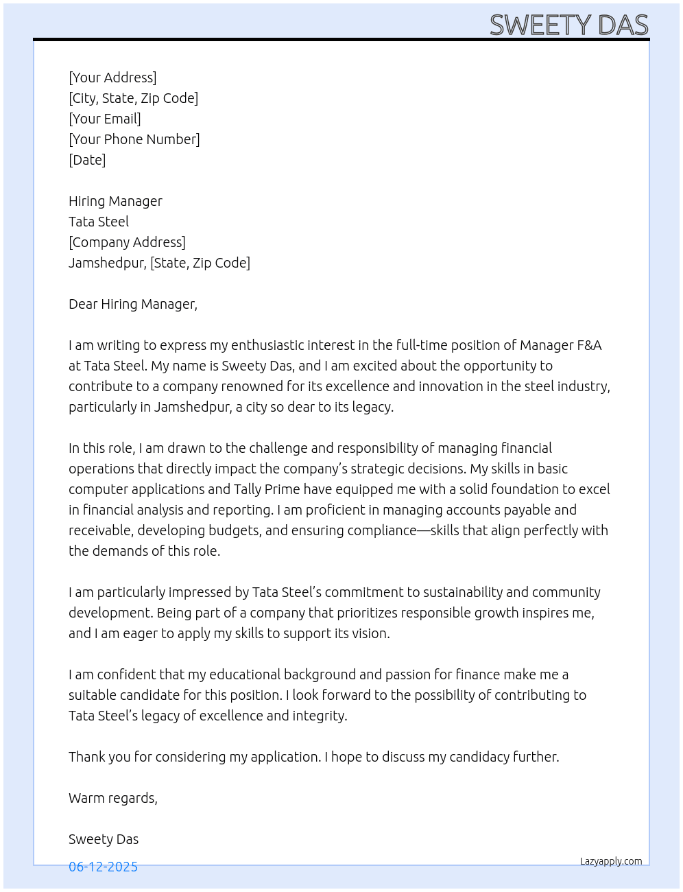 Cover letter for manager f&a - LazyApply