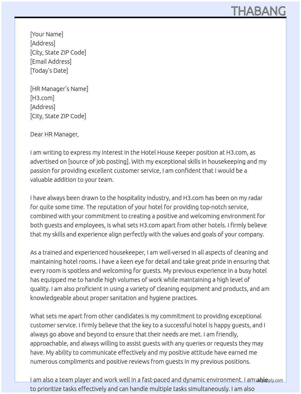 Hotel house keeper At H3.com Cover Letter