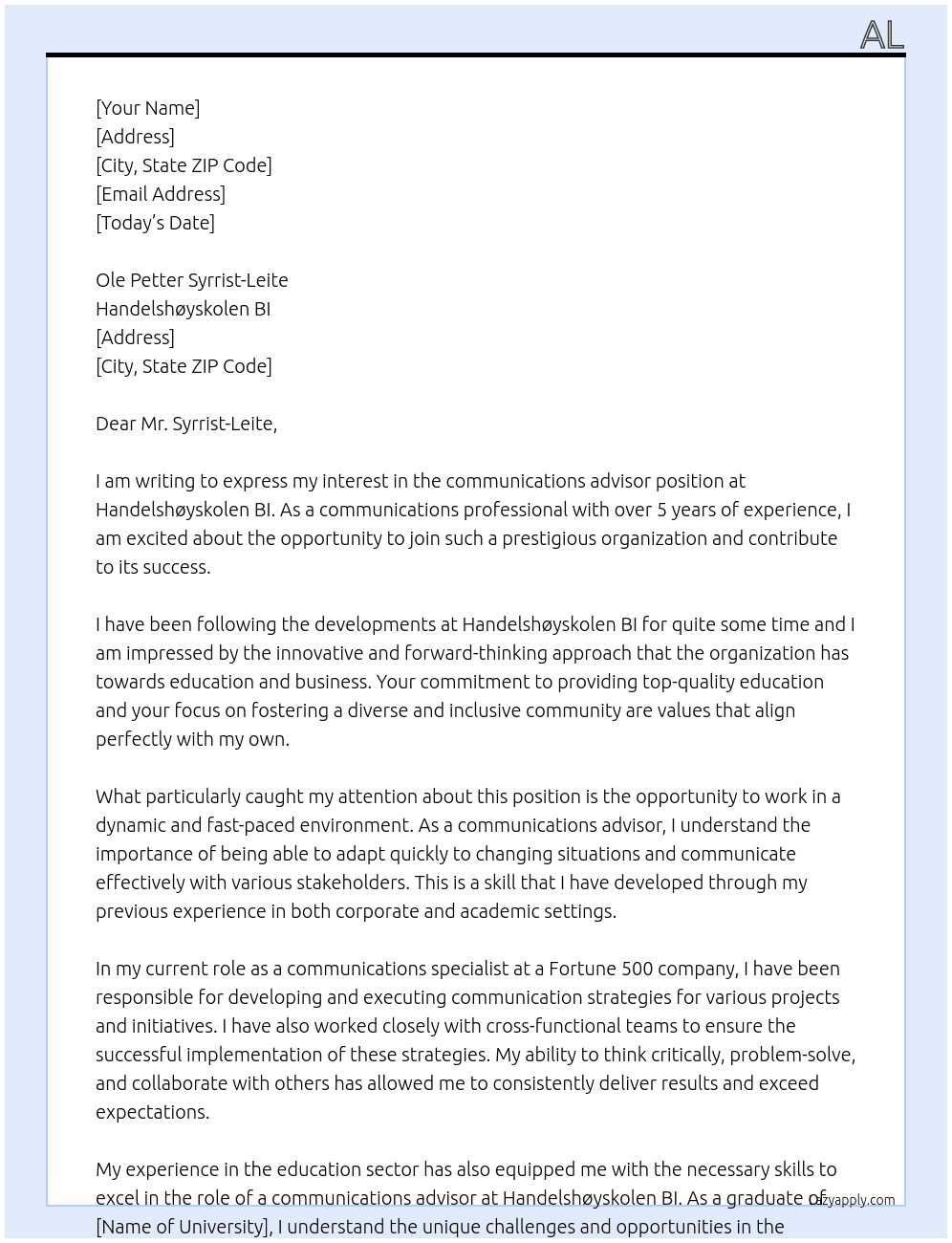 communications advisor At Handelshøyskolen BI Cover Letter