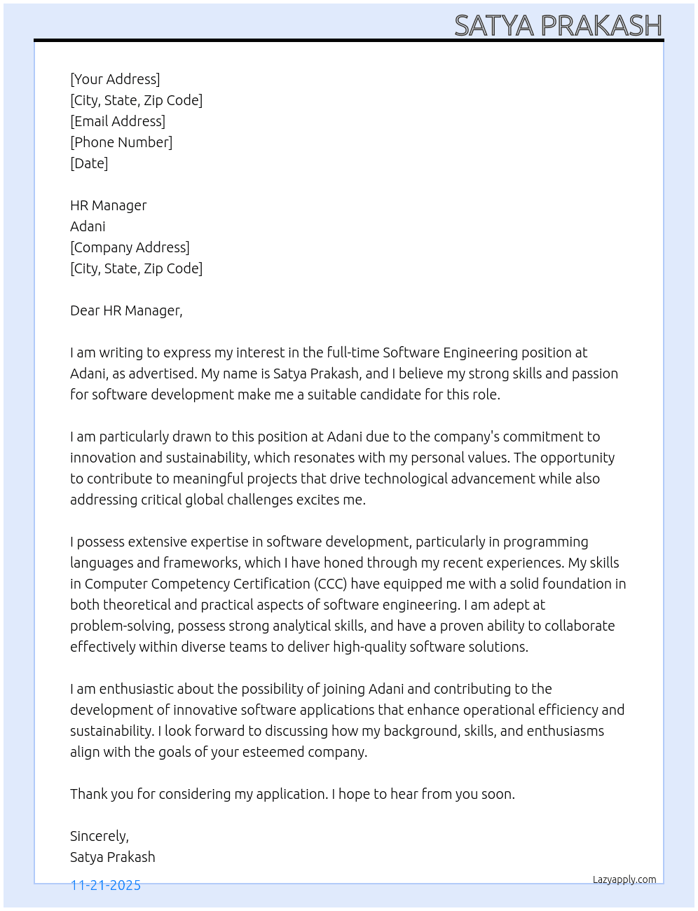 Software engineering  At Adani  Cover Letter