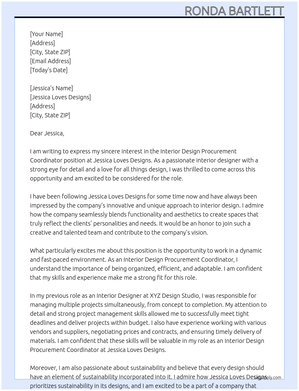 Interior Design Procurement Coordinator At Jessica Loves Designs Cover Letter