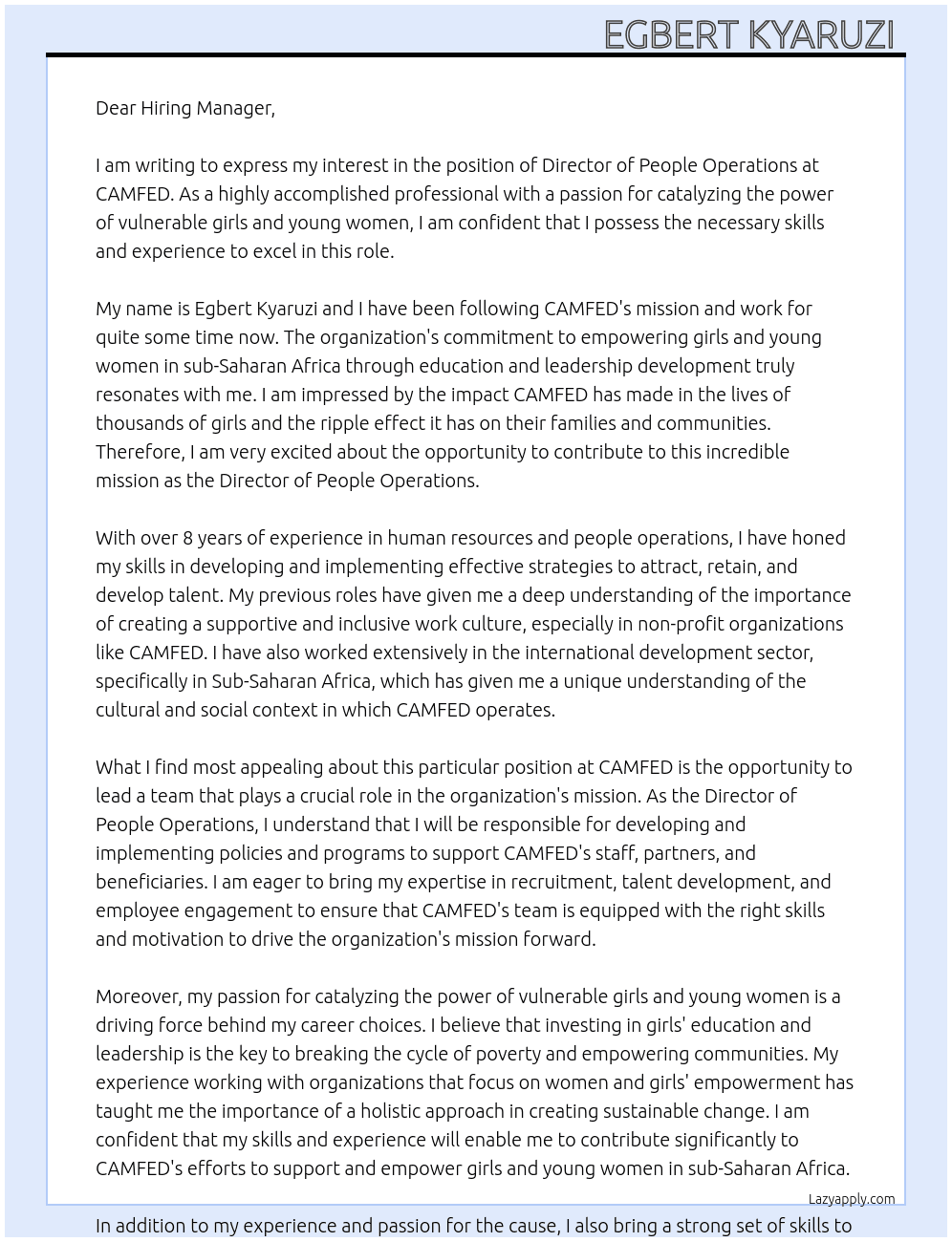 Director of People Operations At CAMFED Cover Letter