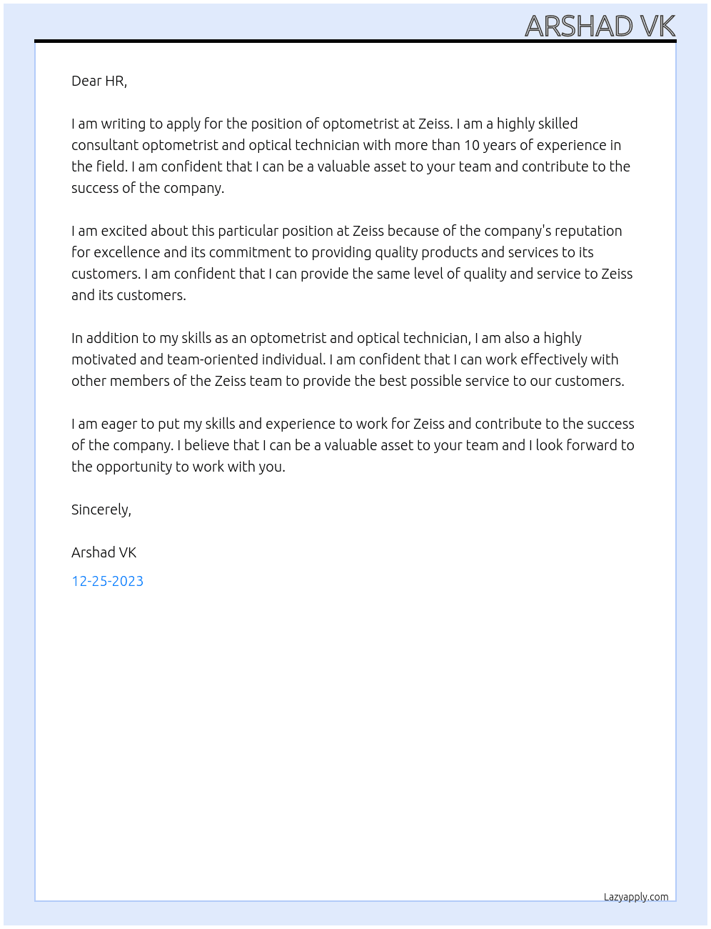 optometrist At zeiss Cover Letter