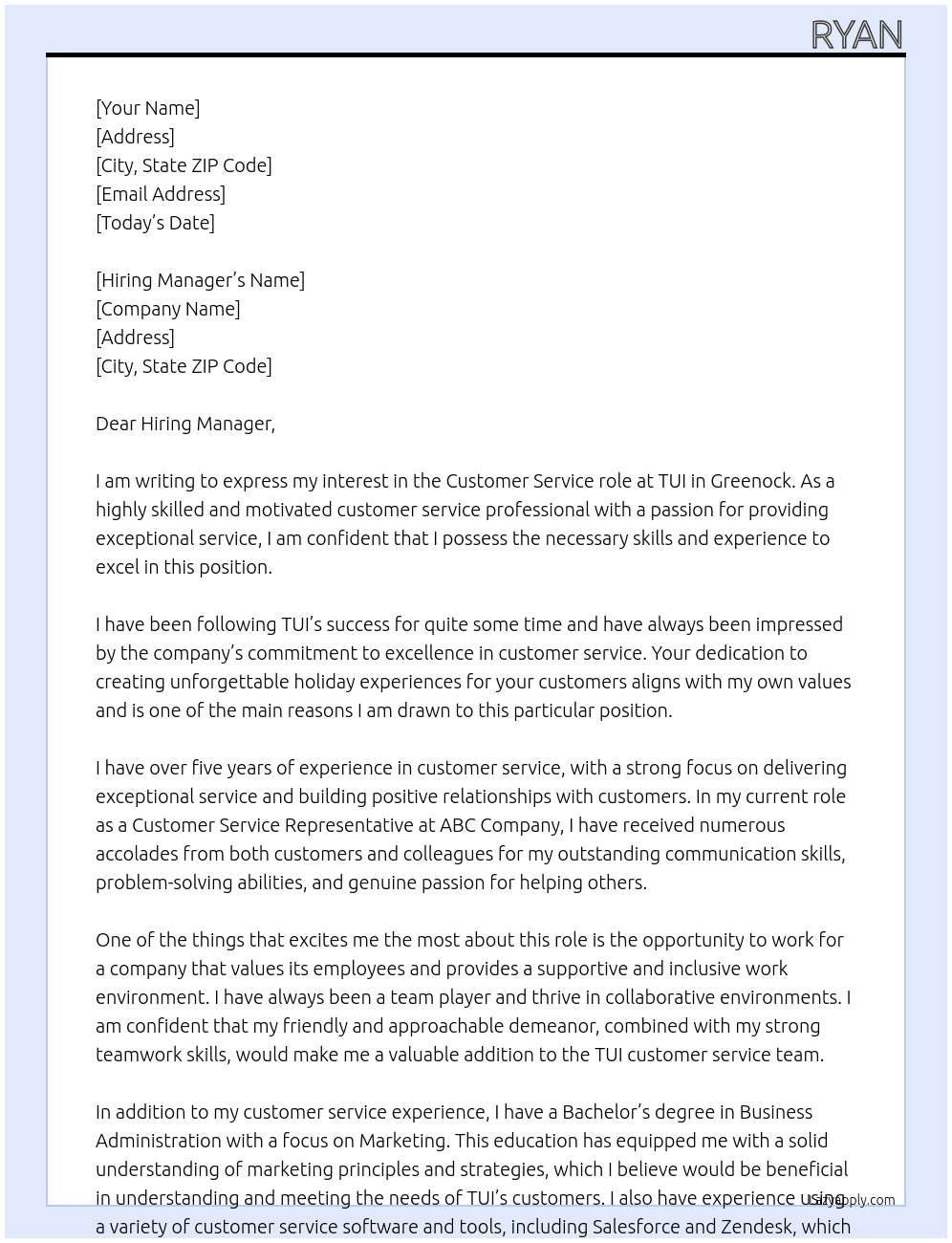 Customer Service At TUI Cover Letter