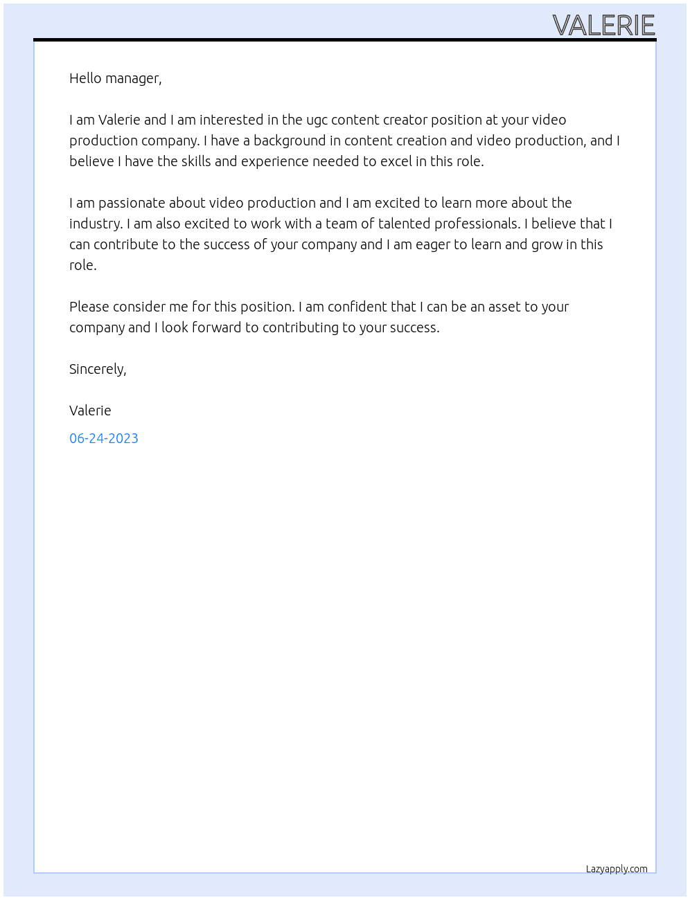 ugc content creator At video prodaction Cover Letter