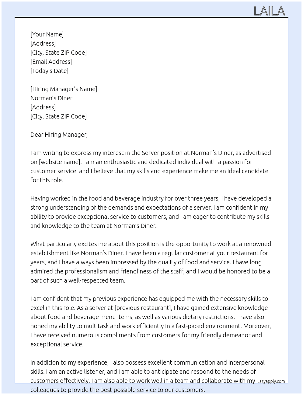 Server At Norman’s Diner  Cover Letter