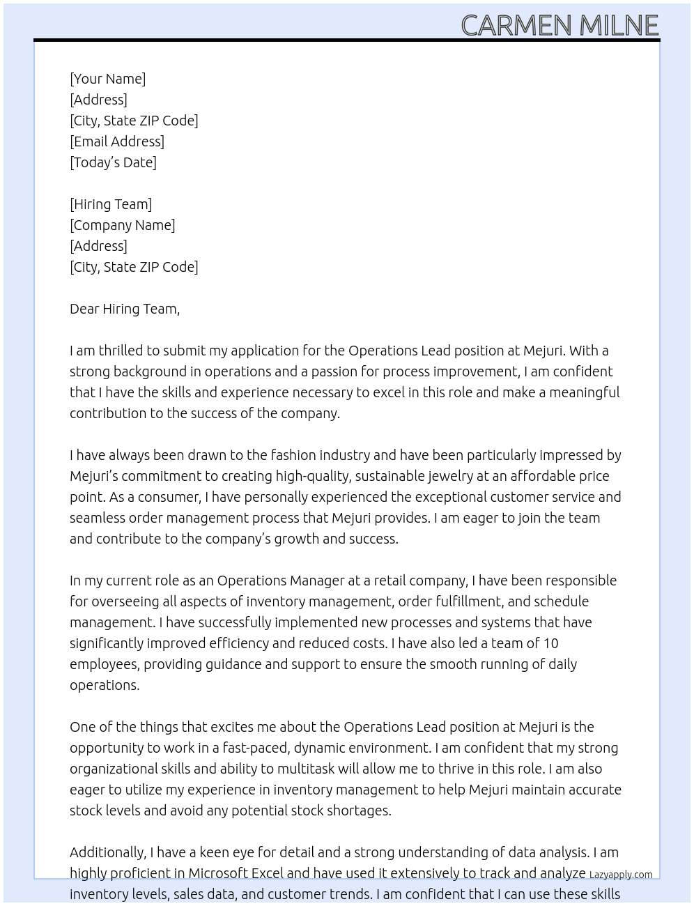 Operations Lead  At Mejuri Cover Letter