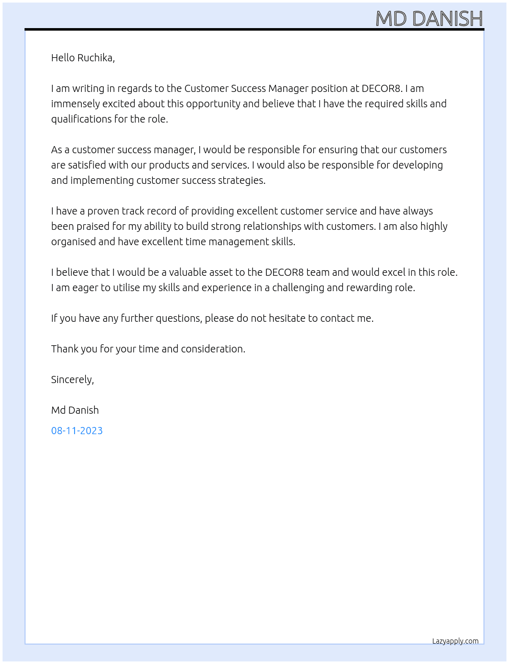 Customer Success Manager At DECOR8 Cover Letter