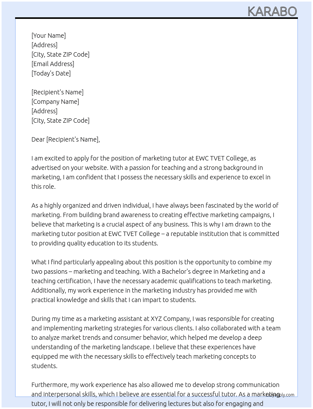 marketing tutor At ewc tvet college Cover Letter