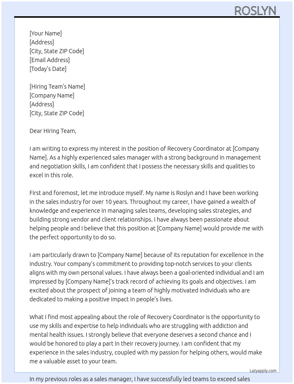 Recovery coordinator  At ACC Cover Letter