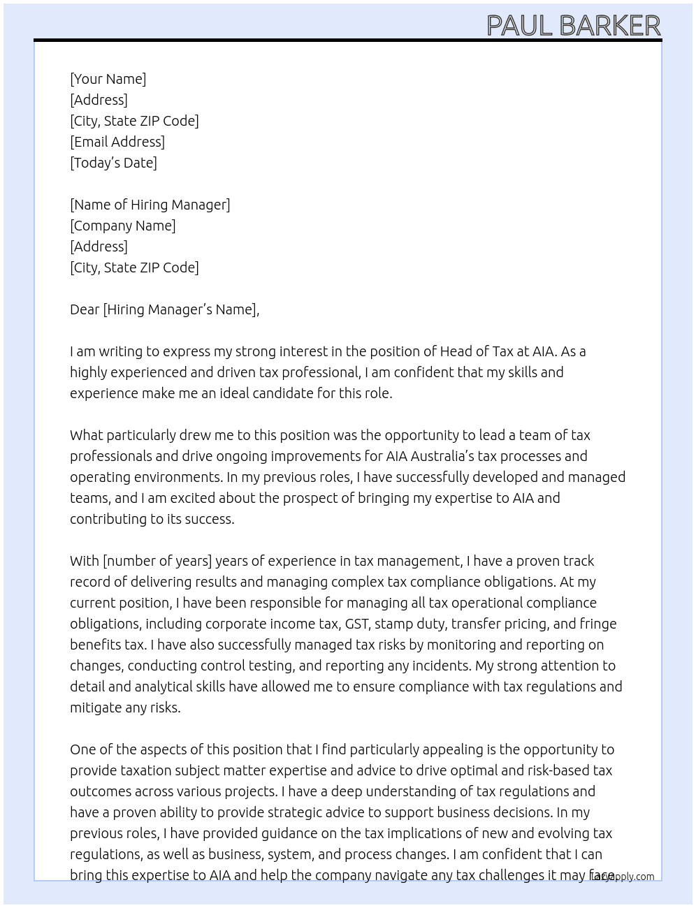 Head of tax At AIA  Cover Letter