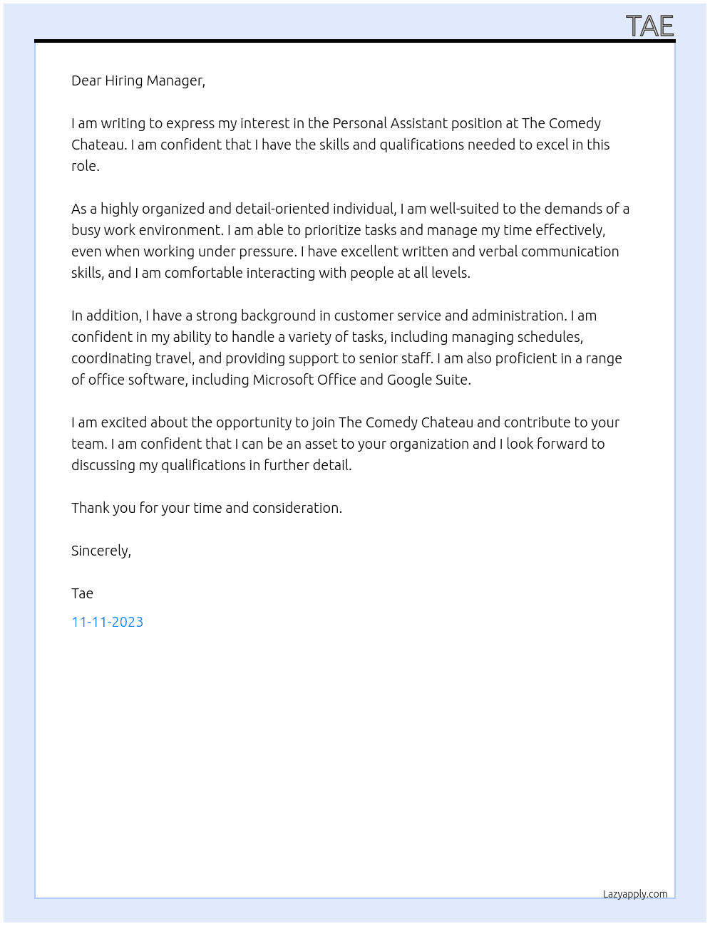 Personal Assistant At The Comedy Chateau Cover Letter