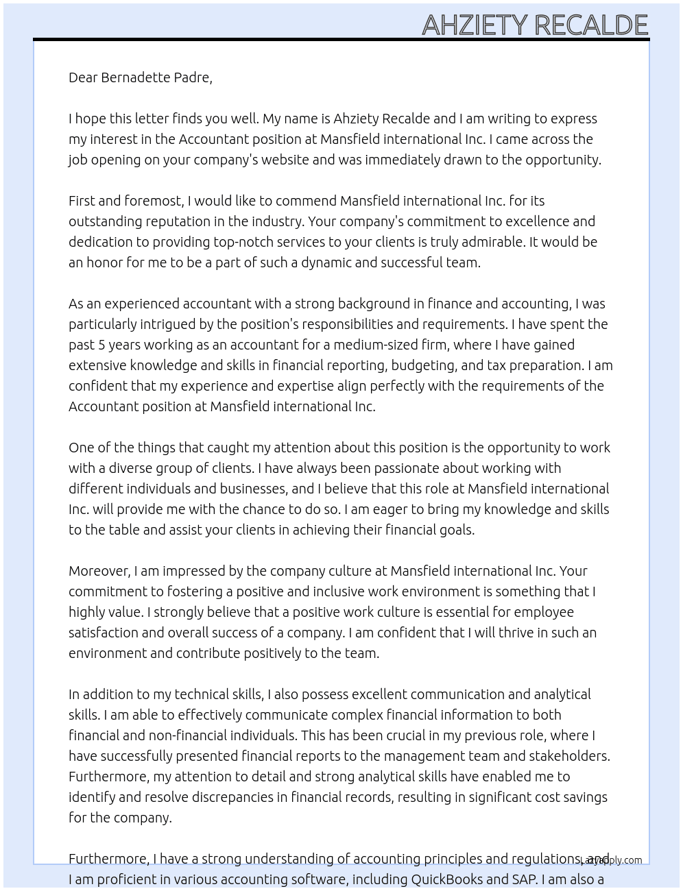 Accountant At Mansfield international inc.  Cover Letter