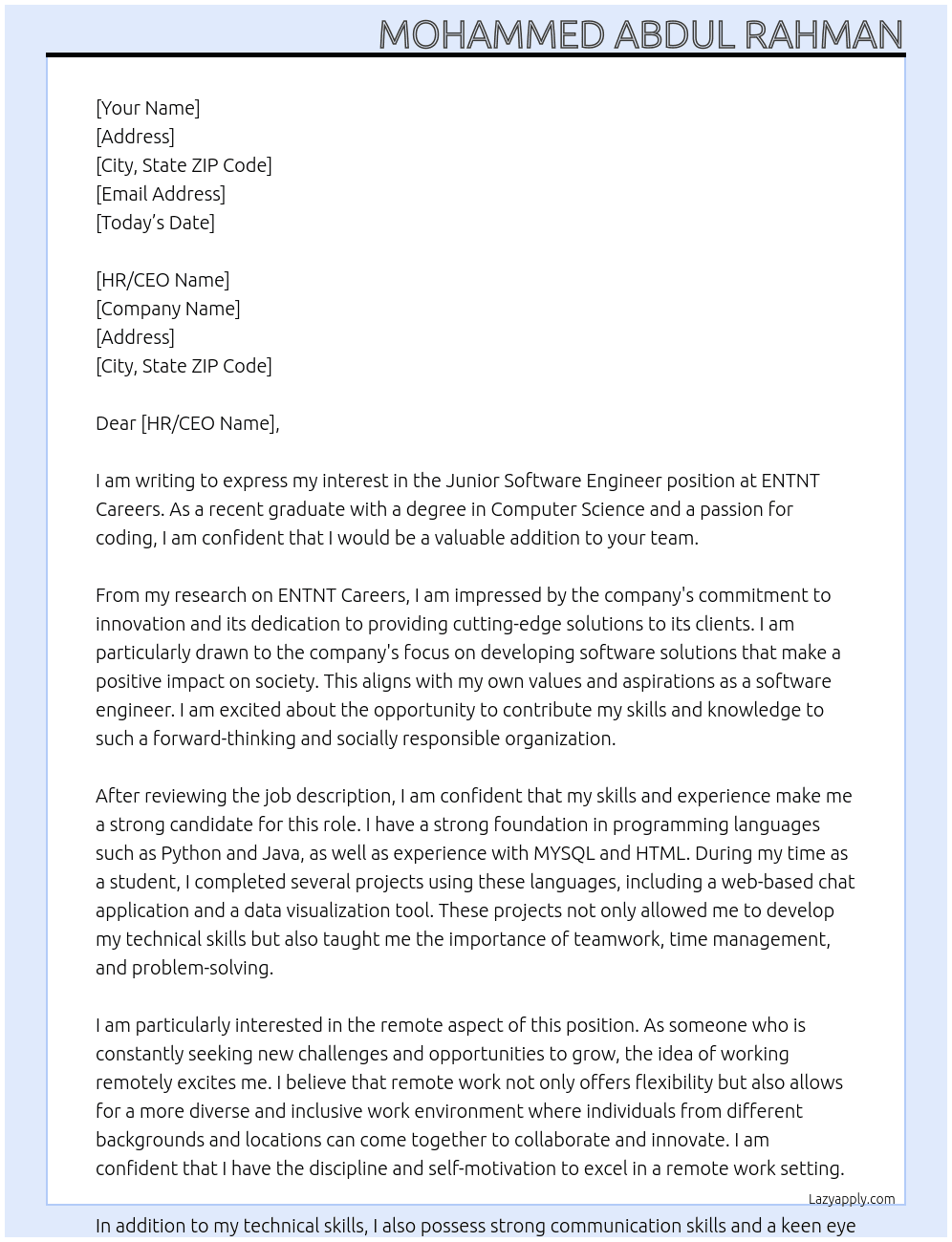 junior software engineer fresher  At ENTNT Careers Cover Letter