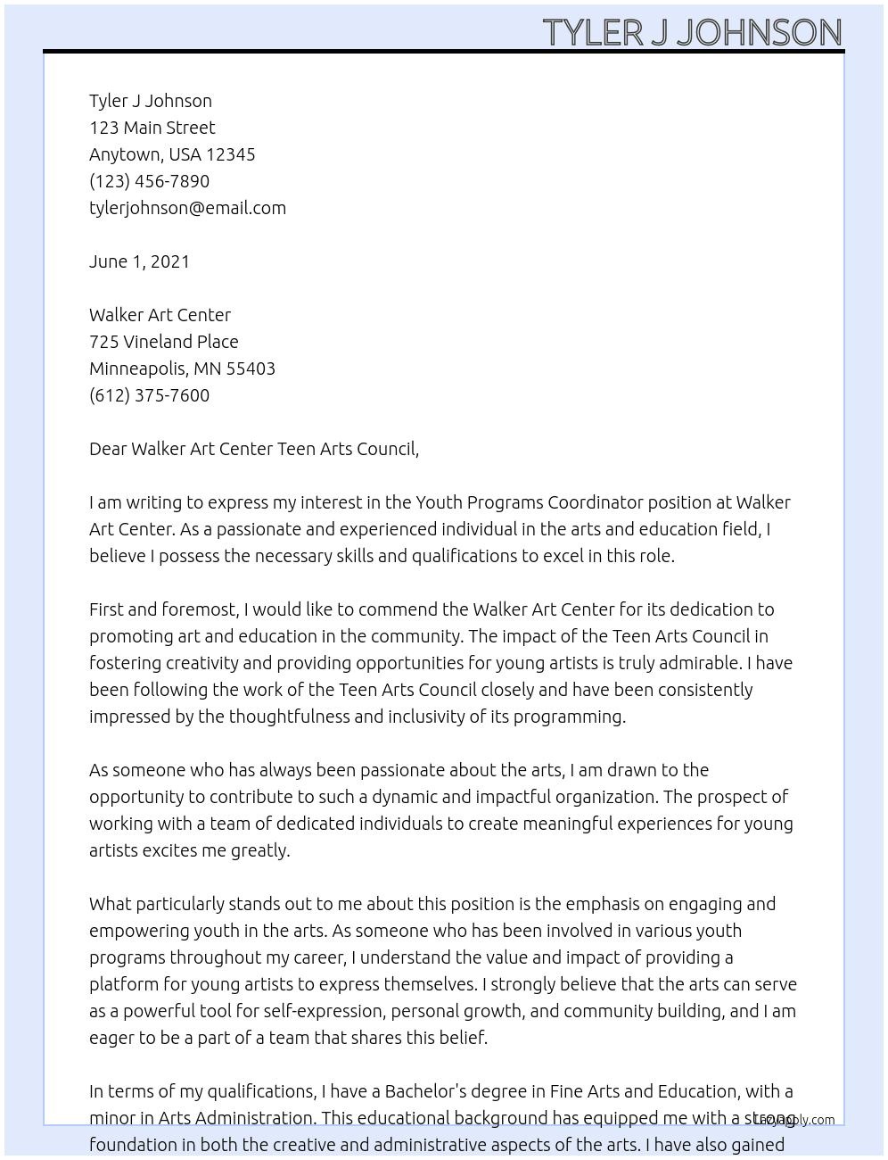 Youth Programs Coordinator At Walker Art Center Cover Letter
