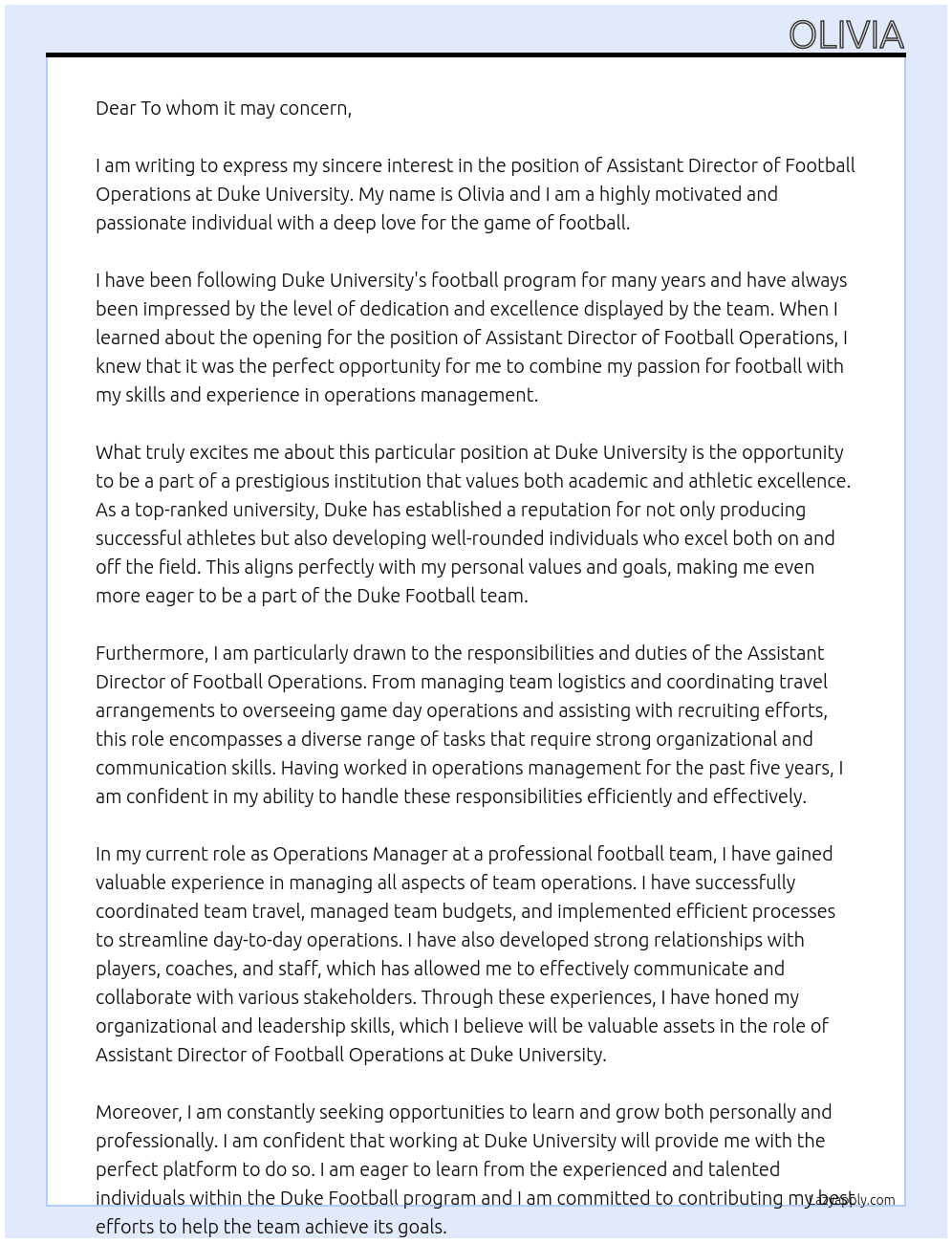 Assistant Director of Football Operations At Duke University Cover Letter
