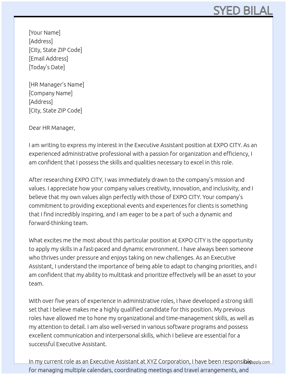 Executive Assistant At EXPO CITY  Cover Letter