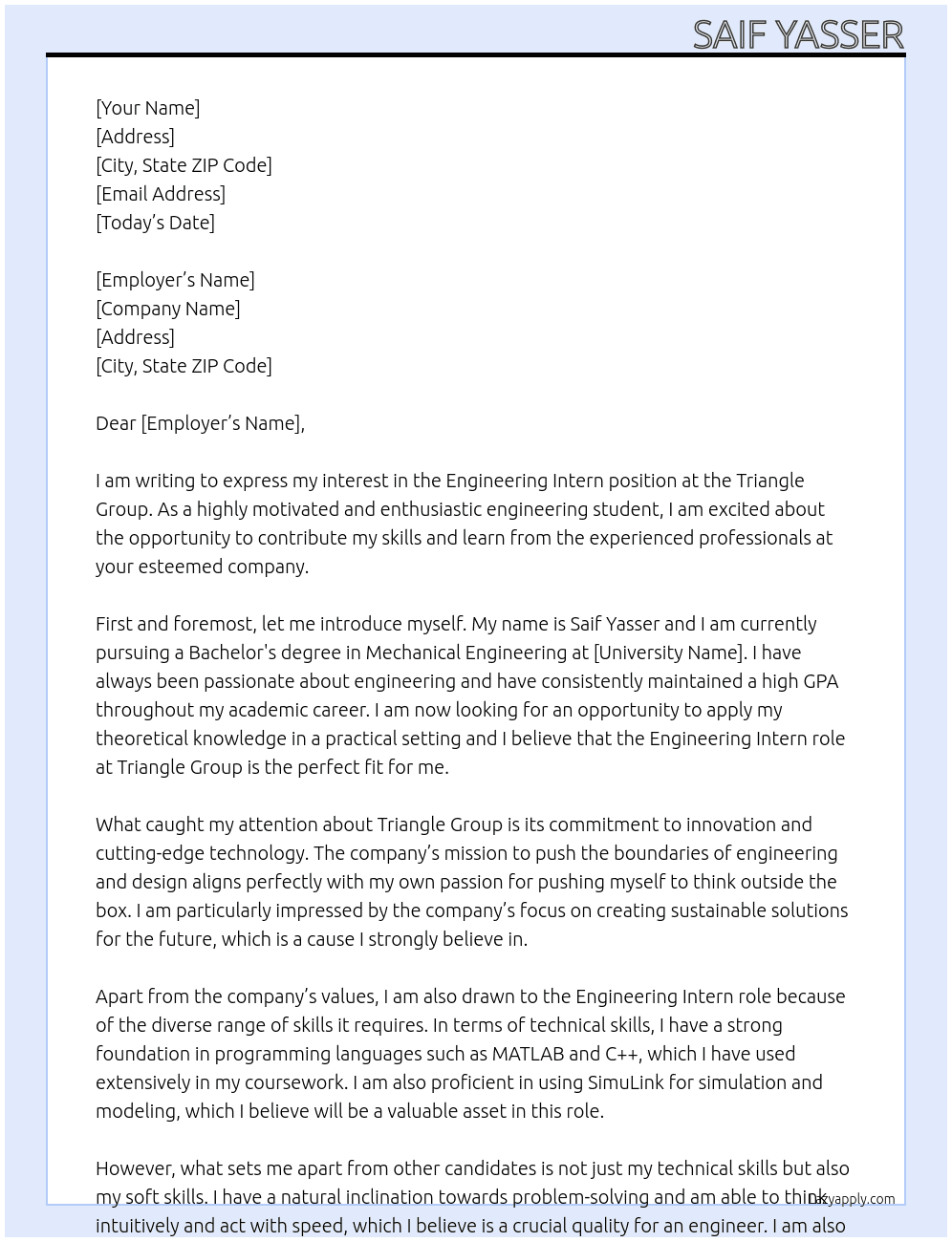 Engineering Intern At Triangle group Cover Letter
