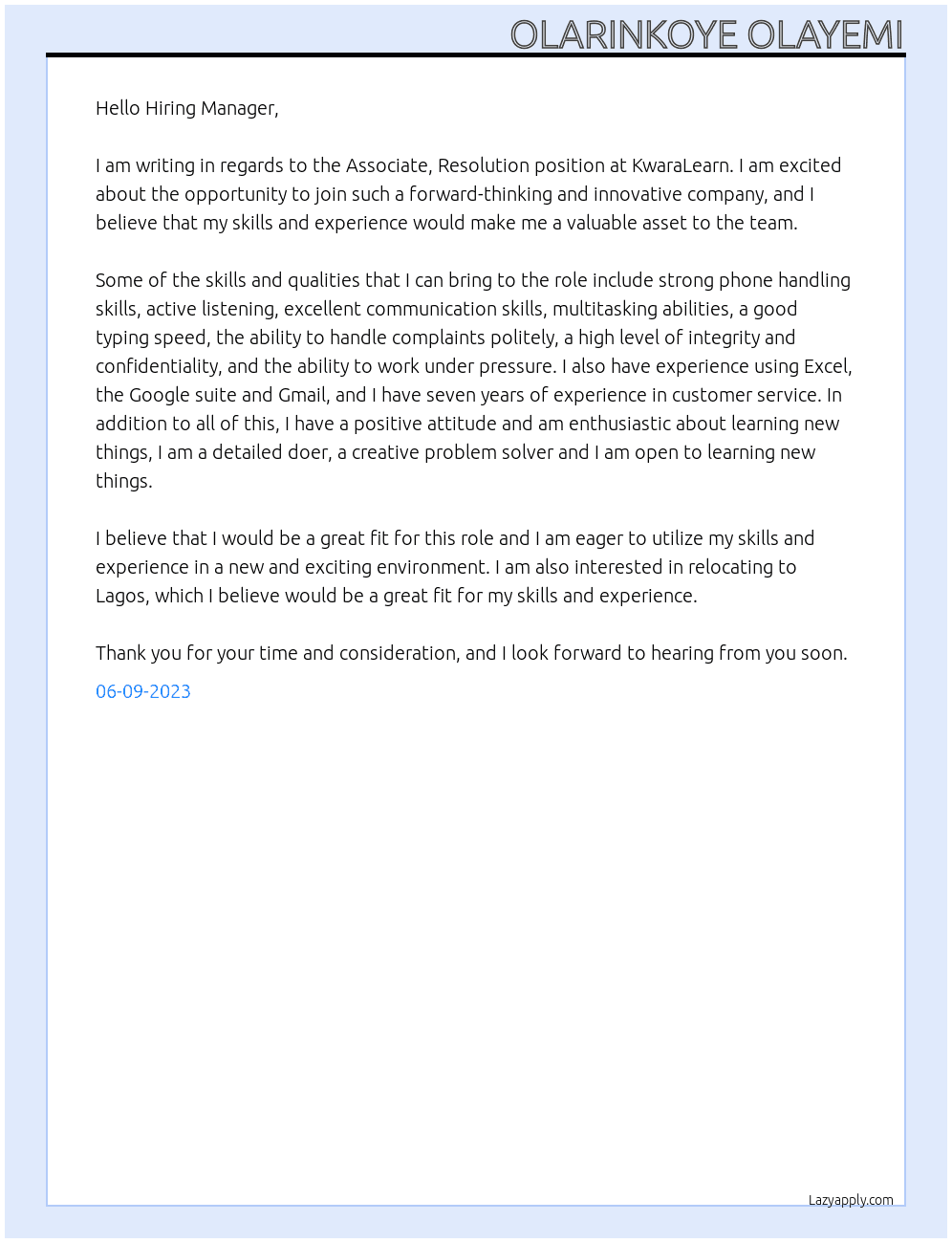 Associate, Resolution At KwaraLearn Cover Letter