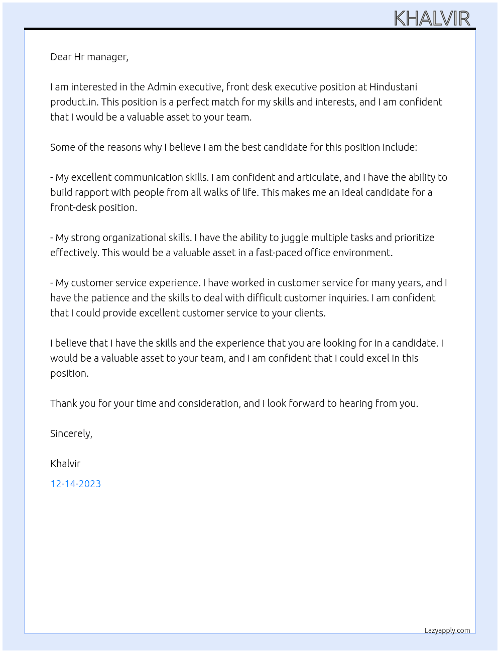 Admin executive, front desk excutive  At Hindustani product.in Cover Letter