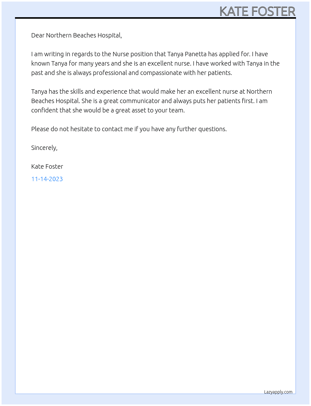 Nurse At Northern Beaches Hospital  Cover Letter