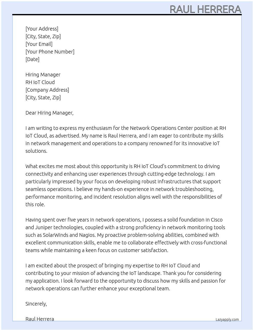 Cover letter for network operations center - LazyApply
