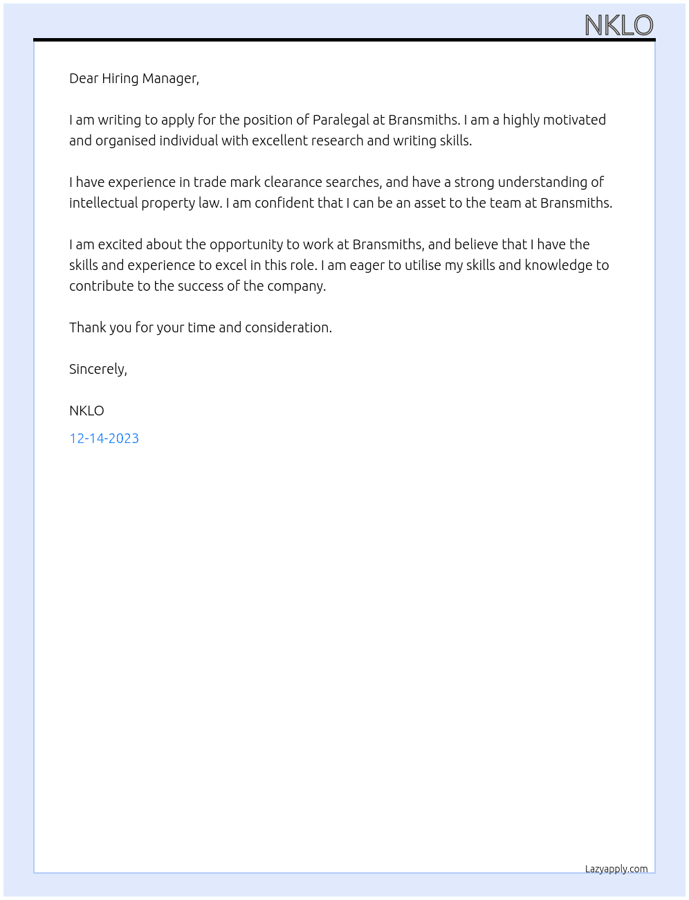 Paralegal At Bransmiths Cover Letter