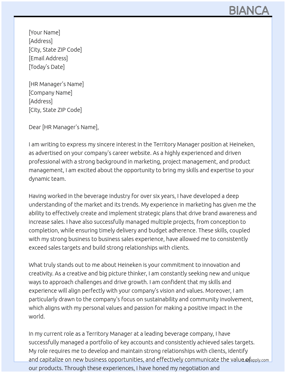 Territory Manager At heineken Cover Letter