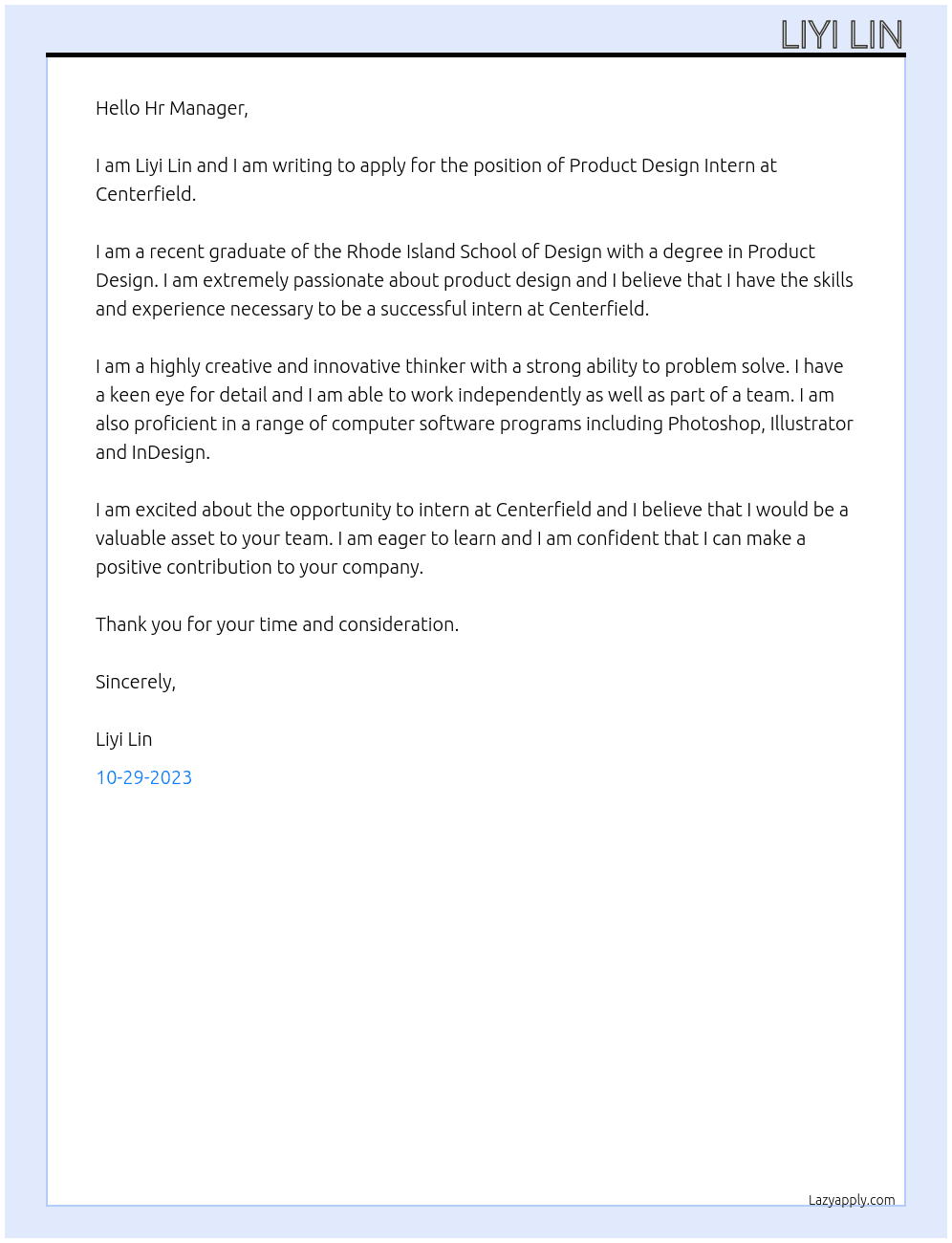 Product Design Intern At Centerfield Cover Letter